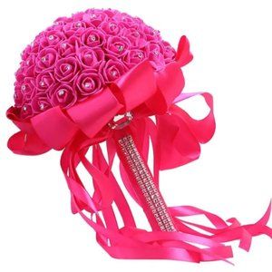 B179-NEW Handmade Rhinestone Rose Red  Fuchsia Ribbon Bouquet